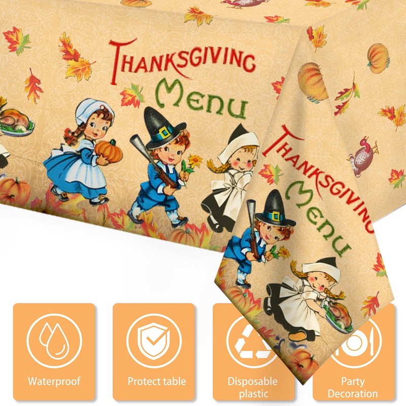 3 PCS Thanksgiving Fall Tablecloth Vintage Autumn Pumpkin Maple Leaves