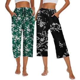 Kabento 2 Pack Womens Pajama Pants Capri Sleep Lounge Pants Drawstring Pj Bottoms with Pockets, Floral Black & Green, Small