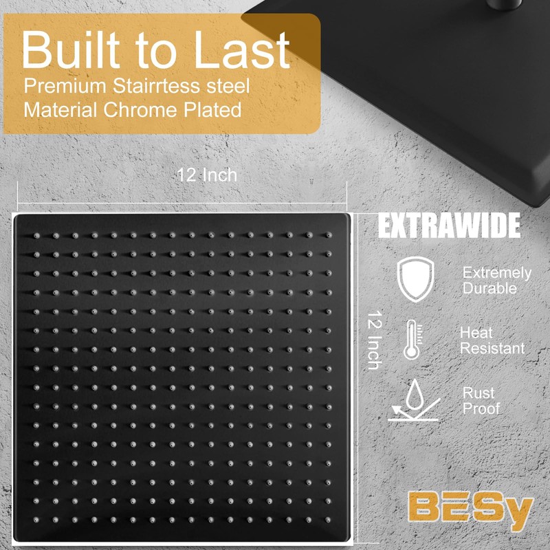BESy 12 Inch Rain Shower Head, 12" Square Rainfall &