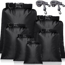 Waterproof Dry Bag Set Lightweight Combo Set with 15 L, 8 L, 5 L, 4 L, 3 L, 2 L Bags and 2 Pieces Long Adjustable Shoulder Strap for Hiking, Camping, black, Sporty