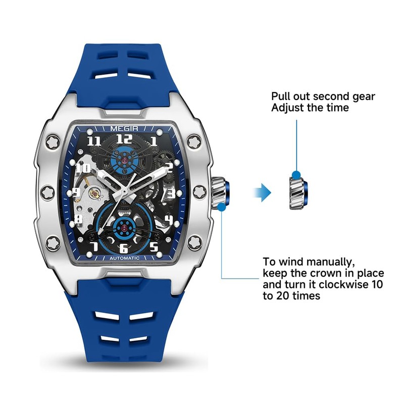MEGIR Automatic Mechanical Men Watch, Silicone Band, 43x50mm Alloy Case,