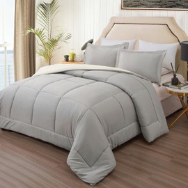 EMME Twin Comforter Set - Ultra Soft 5 Piece White Grey Bedding Sets, Twin Bed in a Bag, All Season Bed Set with 1 Comforter, 1 Flat Sheet, 1 Fitted Sheet, 1 Pillowcase and 1 Pillow Sham