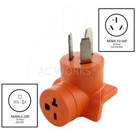 AC WORKS NEMA 10-50P 50A 3-Prong Plug to NEMA 6-20R 15/20A 250V T-Blade Connector (Compact)