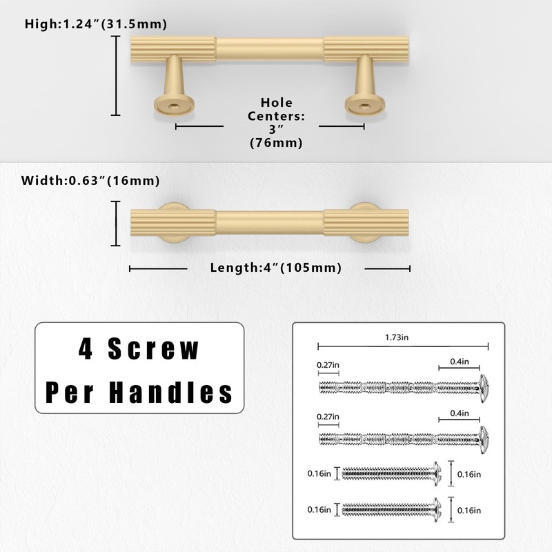 Asimerdeco 10 Pack Brushed Gold Cabinet Pulls 3 Inch(76mm) Kitchen