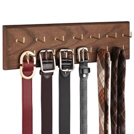 Belt Organizer - Wall Mounted Hanger for Closet, Holds Over 28 Belts - Wooden Rack with Tie and Scarf Storage (Brown)