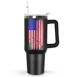 Ceovfoi American Flag Tumbler with Handle,40 oz Dad Vacuum Insulated Stainless Steel Travel Tumblers,Patriotic Military Gifts For Veterans, Police, Fathers Day, 4th of July