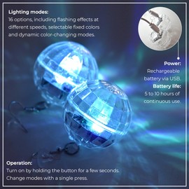 Disco Ball Earrings – USB Rechargeable LED Jewelry with 16 Light Modes for Rave Outfits or 70s Disco Costumes for Women