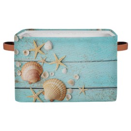 Storage Baskets Bin, Ocean Starfish Shells Collapsible Canvas Fabric Storage Bin Decorative Baskets Toy Organizer Rectangle Storage Boxes with Handles for Home Shelves Nursery,1Pack