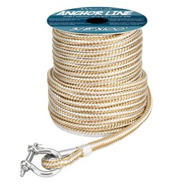 MARINE SYSTEM Made 3/8 Inch 100FT 150FT Gold/White Nylon Anchor Line Double Braided Anchor Rope/Line with Thimble (3/8" x 100')