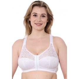 Gemm Ladies Womens Front Fastening Cotton Rich Non Wired Firm Hold Lace Non Padded Bras (White, 42G)