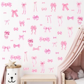 Pink Bow Wall Stickers Watercolor Girls Room Wall Decals Pink Bow Decor Bowtie Wall Sticker Decal for Nursery Peel and Stick Pink Polka Dot Wall Art Murals Wallpaper for Kids Baby Bedroom Gift