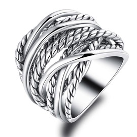 Mytys Silver 2 Tone Wide Statement Rings Vintage Cable Wire Crossover Chunky Band Rings for Women Men (silver, 7)