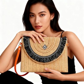 QTKJ Straw Clutch Purses, Crossbody Bags for Women, Black Tassel Edge Clutch Bags, Bohemian Envelope Package Handbags Suitable for Beach, Travel, Daily Matching (Khaki)