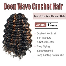 ToyoTree Pelo De Crochet De Torsión Profunda - 12" 8 Paquetes De Pelo De Crochet De Onda Profunda, Mezcla Negra, Marrón, Largo Medio, Rizado, Onda Del Océano, Extensiones De Cabello Trenzado Sintético
