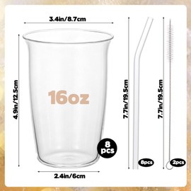8 Pcs 16 Oz Clear Water Glass Set with Straw, Lead-Free Drinking Glass Cups