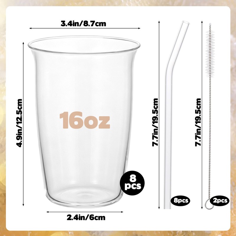 8 Pcs 16 Oz Clear Water Glass Set with Straw,
