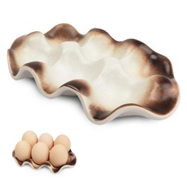 Ceramic 6 Cups Egg Tray,Half Dozen Porcelain Egg Holder Container Keeper Storage Organizer, Decorative Serving Stand Serveware for Refrigerator Fridge Countertop Display Kitchen (Brown)