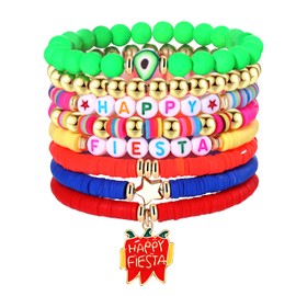 FAERLIIRY Mexican Fiesta Bracelets Cinco De Mayo Heishi Bracelets Clay Stackable Boho Gold Ball Disc Preppy Bracelets Mexican Fiesta Party Favors Decoration Jewelry for Women (Mexican-8PCSA)