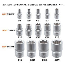 Yuesstloo E-Torx Socket Set, 14 Piece Female E-Torx Star Socket Set, 1/4" 3/8" 1/2" Drive, E4 to E24 External Torque E Socket Set, 14pcs Star Socket Kit