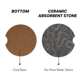 Topography Contour Map Car Coasters for Cup Holder, 2 Pack Absorbent Ceramic Car Coaster with Finger Notch & Cork Base