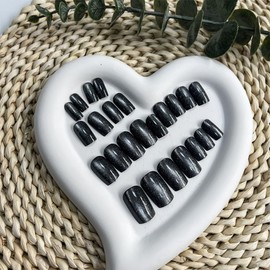 Black Press on Nails Short Square Cat Eye Fake Nails with Glitter Design False Nails Glossy Black Full Cover Glue on Nails Reusable Artificial Stick on Nails for Women Girls Nail Manicure 24pcs…