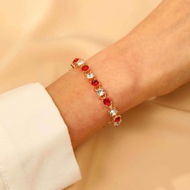 Cybche Boho Red Tennis Chain Bracelet Gold Ruby Tennis Bracelet Bead CZ Bracelet Crystal Ruby Bracelets Crystal Hand Chain Bracelet Jewellery for Women, Zinc