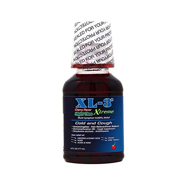 XL-3 Night Time, Non-Drowsy, for Cold and Flu Symptoms, Helps Relieve Nasal Congestion and Fever, 6 FL Oz, Bottle.