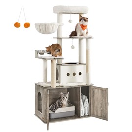 Feandrea Cat Tree, Large Cat Tower, 66.9-Inch Tall Cat Condo with Litter Box Enclosure, Storage, Elevated Bowl Stand, Scratching Posts, Large Cave, Washable Cushions, Heather Greige UPCT169K02