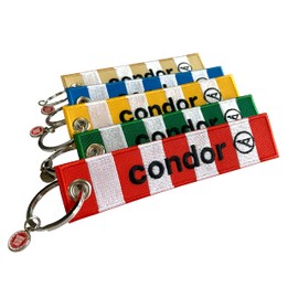 REMOVE BEFORE FLIGHT Textile Pendant Set of 5 in Condor Colours, Red, yellow, green, blue, beige