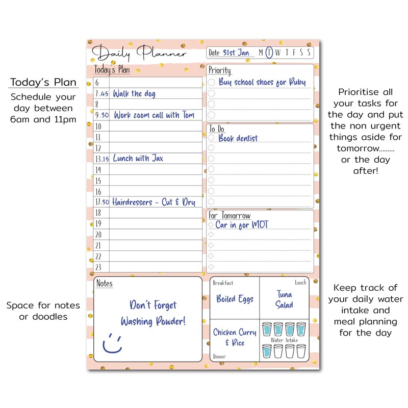 A5 Daily Planner 50 Sheet Note Pad with Schedule, Priority,