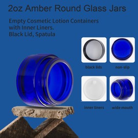 OverNews 2oz Blue Glass Jar Travel Size, 48PCS Empty Cosmetic Lotion Container with Black Lid & Spatula, Small Mini Jar for Beauty