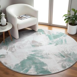 Carvapet Round Rugs, Modern Abstract Circle Rug, Washable Non Slip Rubber Backing Foldable Low Pile for Living Room Bedroom, 5ft Blue Rug