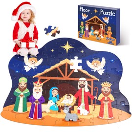 Juexica 64 Pieces Christmas Floor Puzzle with Nativity Scene Jumbo Puzzle 32inch Floor Puzzles Kids Christmas Puzzle Floor Puzzles for Kids Ages 4-8,Gifts, Home Decoration