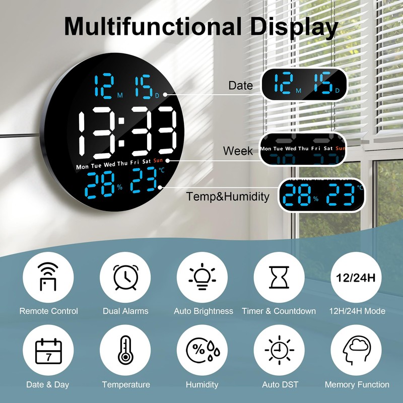 Lafocuse 10" LED Large Digital Wall Clock Round with Remote