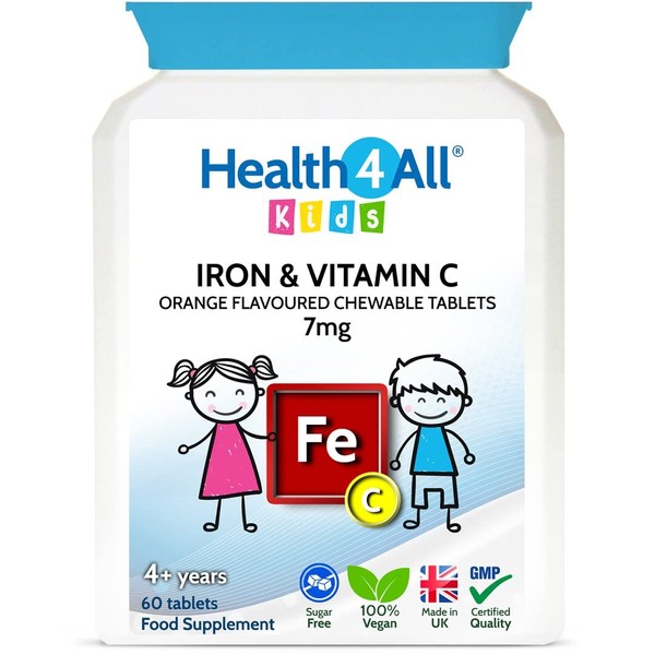 Kids Iron Chewable 60 Tablets Learning and Growth Support. Vegan Iron Supplement for Children. Made in The UK by Health4All