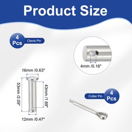 uxcell 4Pcs M12x50mm Clevis Pins, 304 Stainless Steel Single Hole Flat Head Hitch Fastener Lock Systems with Cotter Pins for Furniture Installation Trailer Lawn Mower, Silver