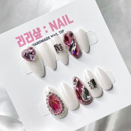 Water shine dripping heart full stone handmade nail tip - Oval / 물광 뚝뚝 하트풀스톤 수제네일팁 - 오벌