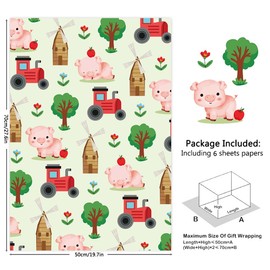 On the Farm Animal Moooo Cow Cluck Chicken Quark Duck Sheep Oink Pig Horse Bird Corn Barnyard Tractor Gift Wrapping Paper -(28"x20" Per Sheet, Folded Flat 6 Sheets , 6-Designs: 23 sq. ft. ttl)- Gift Wrap For Babies Kids Children Birthday Party