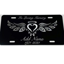BLVD In Loving Memory Angel Wings Car Tag Engraved Black Silver Etched License Plate