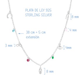 WANDA PLATA Lucky Pendant Necklace 925 Sterling Silver for Woman with Hand of Fatima Horseshoe Infinity Turkish Eye with Adjustable Chain 40 cm - 45 cm, Sterling Silver, No Gemstone