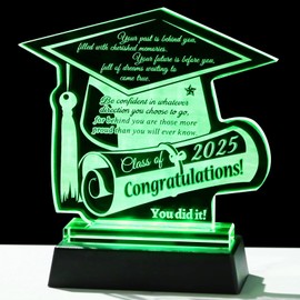 YWHL Graduation Gifts for Her Him 2025, Inspirational Gifts Idea for Women Men, Glass Graduation Plaque with Colorful Led Base, Graduate Keepsakes for High School College PHD Masters Degree