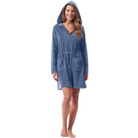 Morgenstern Emily Women's Bathrobe with Zip and Hood Terry Towelling Lightweight, denim blue