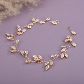 Teyglen Crystal Bride Wedding Hair Vine Gold Rhinestone Headband Sparkly Zircon Crystal Hair Piece Shiny Headpiece Hair Jewelry Accessories for Women (Gold)