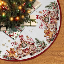 Christmas Tree Skirt 30Inches Christmas Gingerbread Sweet Candy Lollipop Xmas Tree Skirt Mat for New Year Holiday Christmas Party Red Gold Decorations (Red, 30in)