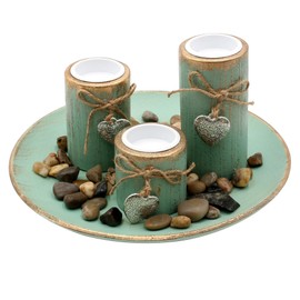 Complete Wooden Decoration Set with 3 Tea Light Holders, Plates and Decorative Stones Size L 25 x W 25 x H 13 cm