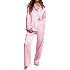 Ekouaer Womens Pajama Sets Satin Silk Pjs Classic Button Down Sleepwear Soft Long Sleeve Lounge Sets Pink M