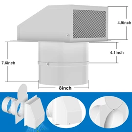 8 Inch Galvanized Steel Hooded Wall Vent with Screen and Damper, Outdoor Wall Exhaust Vent Cover Cap for Kitchen Range Hood and Dryer Duct Exterior Ventilation and Air Exhaust (White)