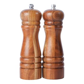 DeroTeno Salt and Pepper Mill Set, Set of 2 Salt and Pepper Grinder with Ceramic Grinder, Acacia Wood, Height 16.5 cm / 6 inch ((Tray is not Included)