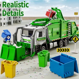 Yewkou Garbage Truck Toy, Friction Powered Recycling Vehicles with Lights & Sounds, Includes 2 Dumpsters, 4 Trash Bins, 60 Garbage Sorting Cards, Great Gift for Boys Girls Kids Age 3 Years and Up