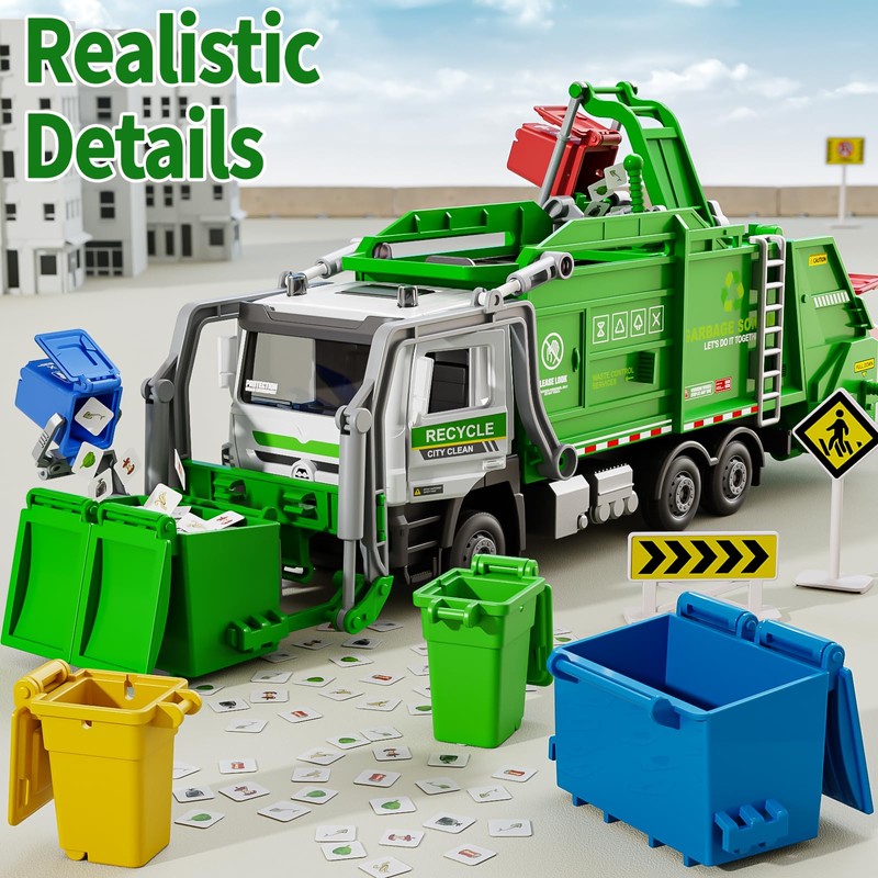 Yewkou Garbage Truck Toy, Friction Powered Recycling Vehicles with Lights